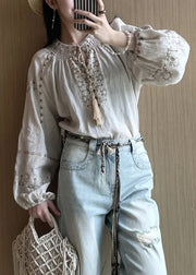 Loose Apricot Embroidered Lace Up Linen Shirt Fall