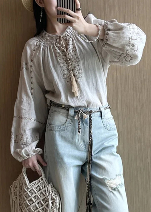 Loose Apricot Embroidered Lace Up Linen Shirt Fall