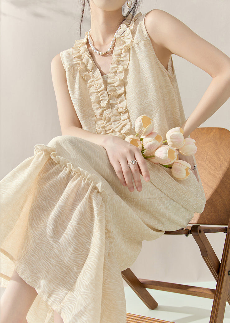 Loose Apricot Floral Vest And Maxi Skirts Two-Piece Set Sleeveless