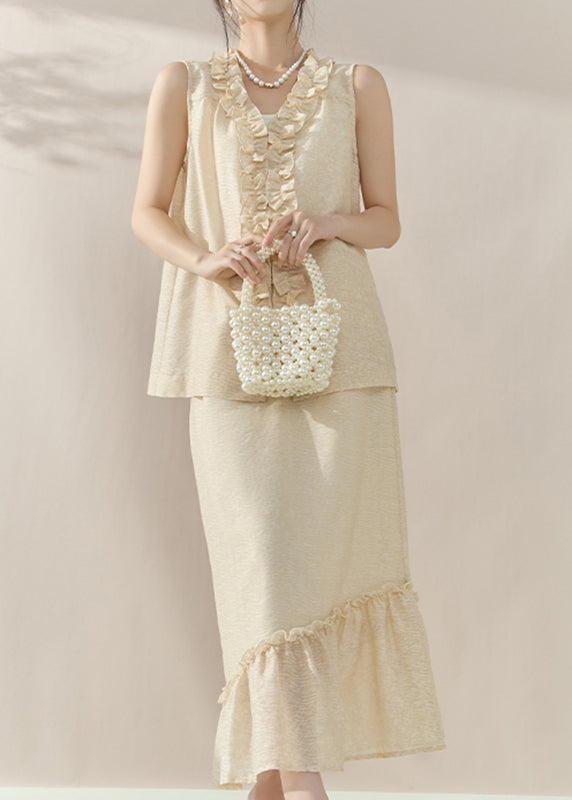 Loose Apricot Floral Vest And Maxi Skirts Two-Piece Set Sleeveless