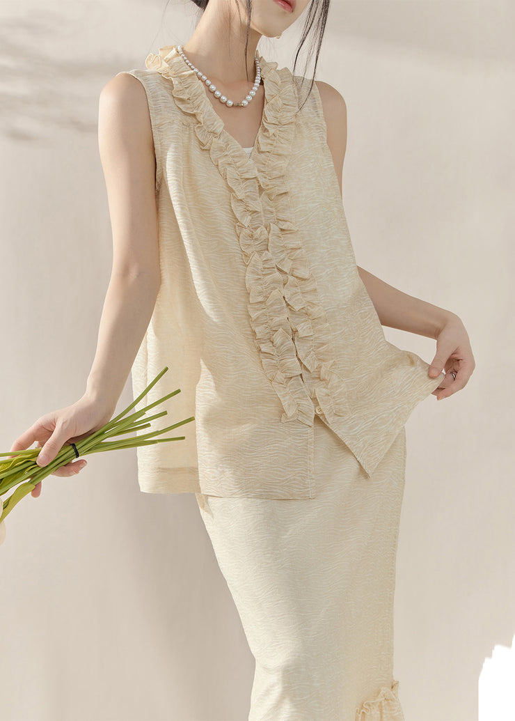 Loose Apricot Floral Vest And Maxi Skirts Two-Piece Set Sleeveless