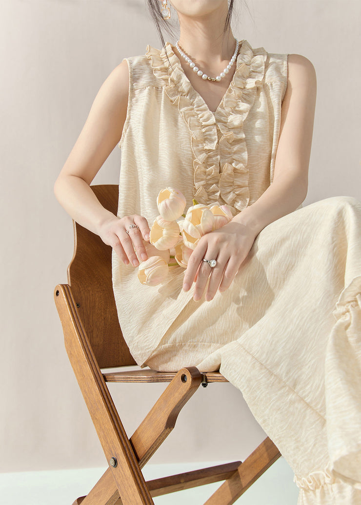 Loose Apricot Floral Vest And Maxi Skirts Two-Piece Set Sleeveless
