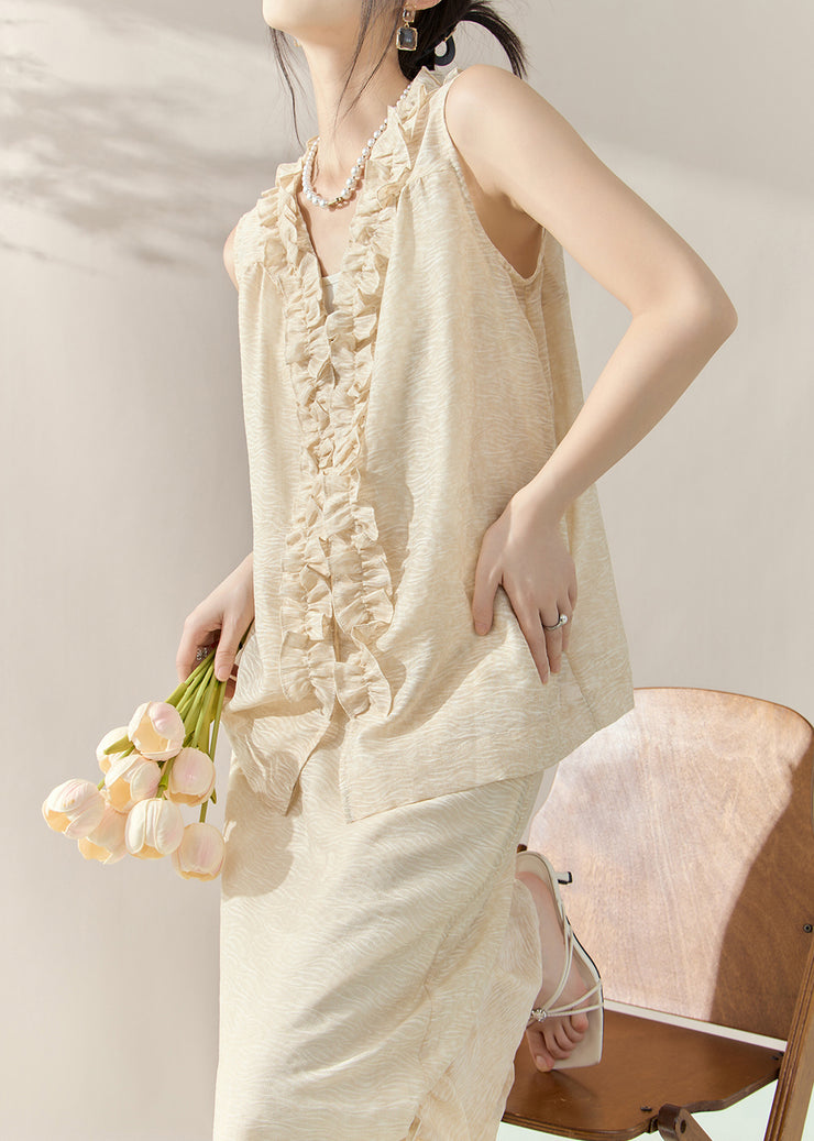 Loose Apricot Floral Vest And Maxi Skirts Two-Piece Set Sleeveless