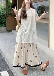 Loose Apricot O Neck Lace T Shirt And Skirts Linen Two Pieces Set Summer