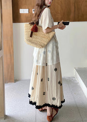 Loose Apricot O Neck Lace T Shirt And Skirts Linen Two Pieces Set Summer