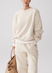 Loose Apricot O Neck Sweatshirt And Pants Warm Fleece Two Piece Set Winter