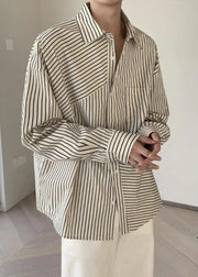 Loose Apricot Peter Pan Collar Striped Cotton Mens Shirts Spring