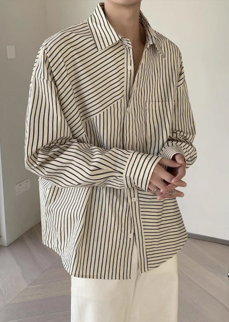 Loose Apricot Peter Pan Collar Striped Cotton Mens Shirts Spring