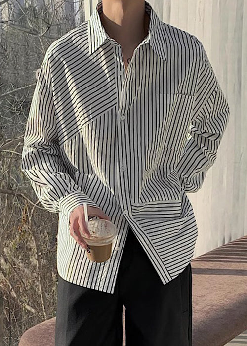 Loose Apricot Peter Pan Collar Striped Cotton Mens Shirts Spring