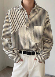 Loose Apricot Peter Pan Collar Striped Cotton Mens Shirts Spring