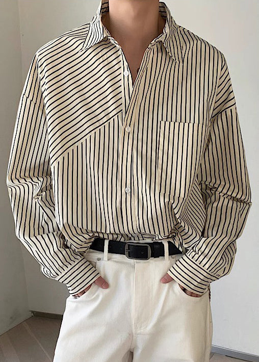 Loose Apricot Peter Pan Collar Striped Cotton Mens Shirts Spring