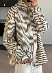Loose Apricot Peter Pan Collar Striped Cotton Mens Shirts Spring