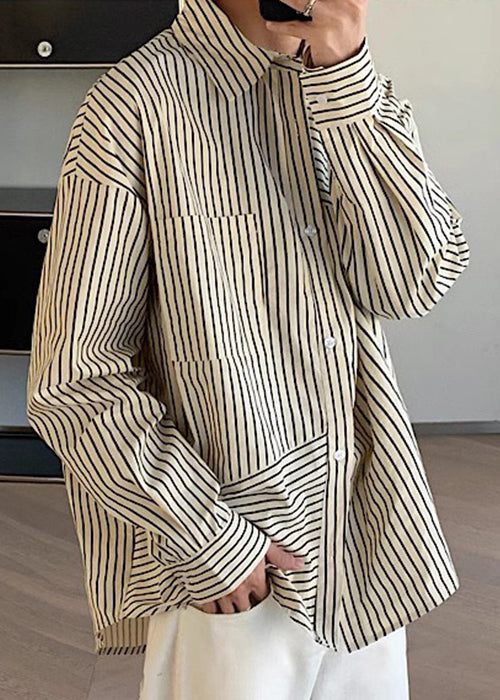 Loose Apricot Peter Pan Collar Striped Cotton Mens Shirts Spring
