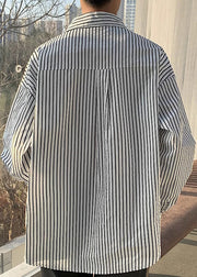 Loose Apricot Peter Pan Collar Striped Cotton Mens Shirts Spring