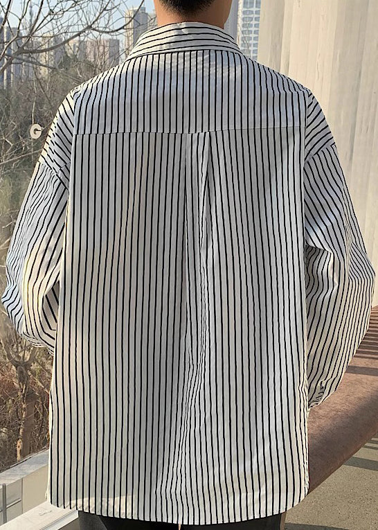Loose Apricot Peter Pan Collar Striped Cotton Mens Shirts Spring