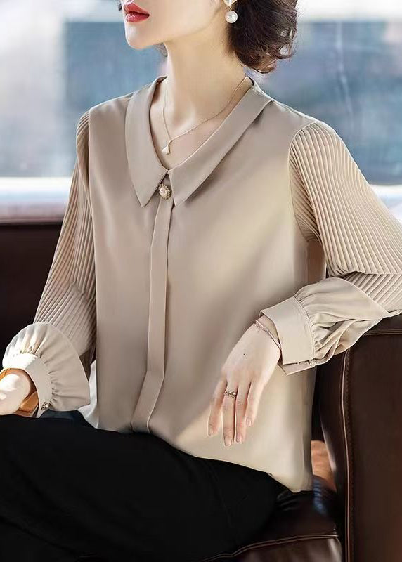 Loose Apricot Peter Pan Collar Wrinkled Chiffon Blouses Fall