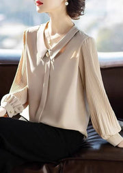 Loose Apricot Peter Pan Collar Wrinkled Chiffon Blouses Fall