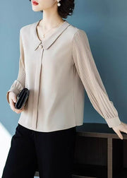 Loose Apricot Peter Pan Collar Wrinkled Chiffon Blouses Fall