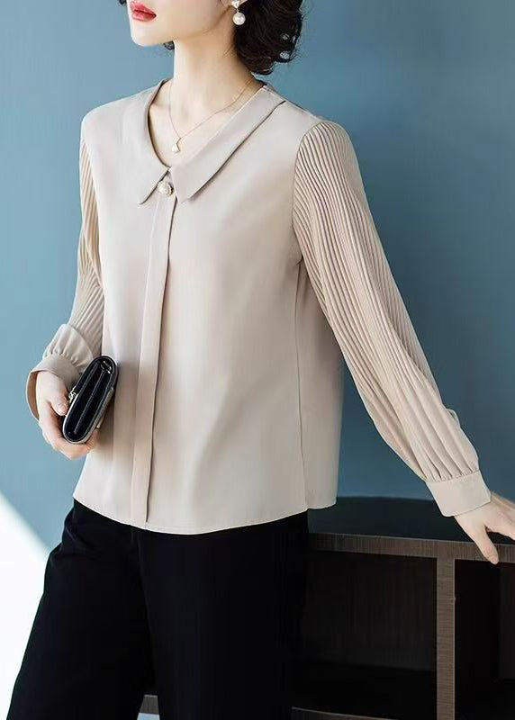 Loose Apricot Peter Pan Collar Wrinkled Chiffon Blouses Fall
