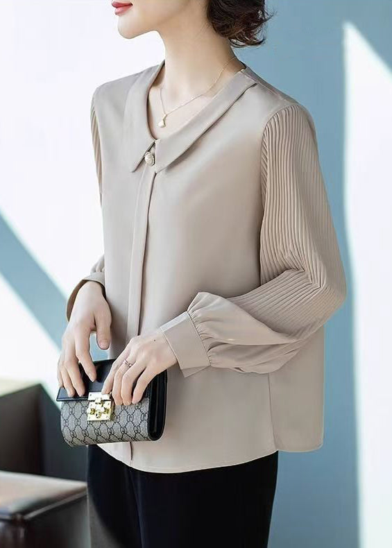 Loose Apricot Peter Pan Collar Wrinkled Chiffon Blouses Fall