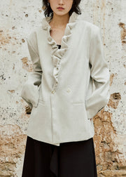 Loose Apricot Ruffled Button Back Side Open Cotton Coat Fall