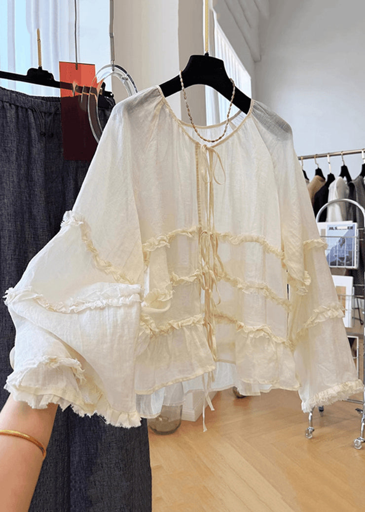 Loose Apricot Ruffled Lace Up Cotton Shirts Fall