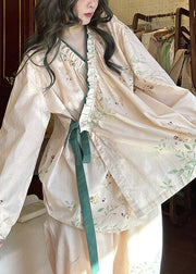 Loose Apricot Ruffled Print Lace Up Cotton Pajamas Two Pieces Set Fall