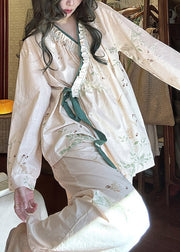 Loose Apricot Ruffled Print Lace Up Cotton Pajamas Two Pieces Set Fall