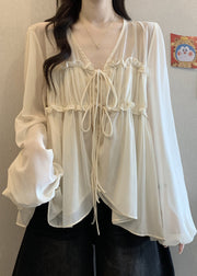 Loose Apricot V Neck Ruffled Chiffon Shirt Fall