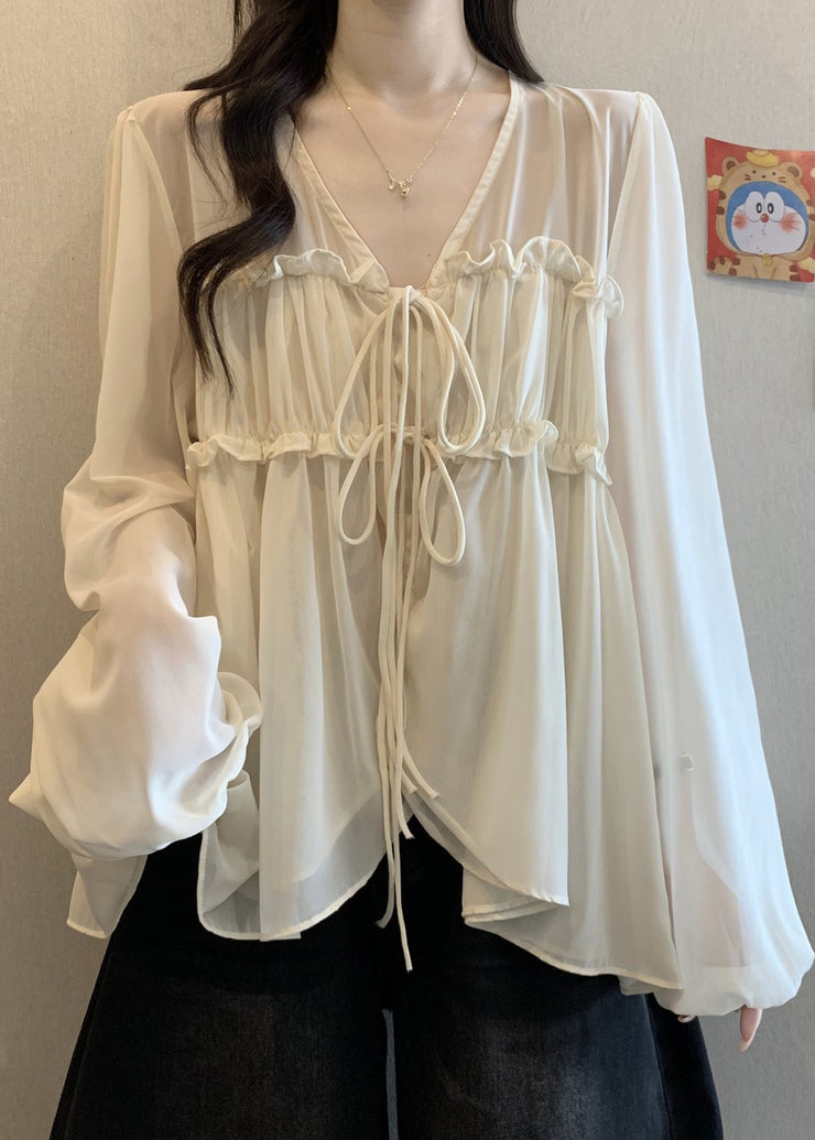 Loose Apricot V Neck Ruffled Chiffon Shirt Fall