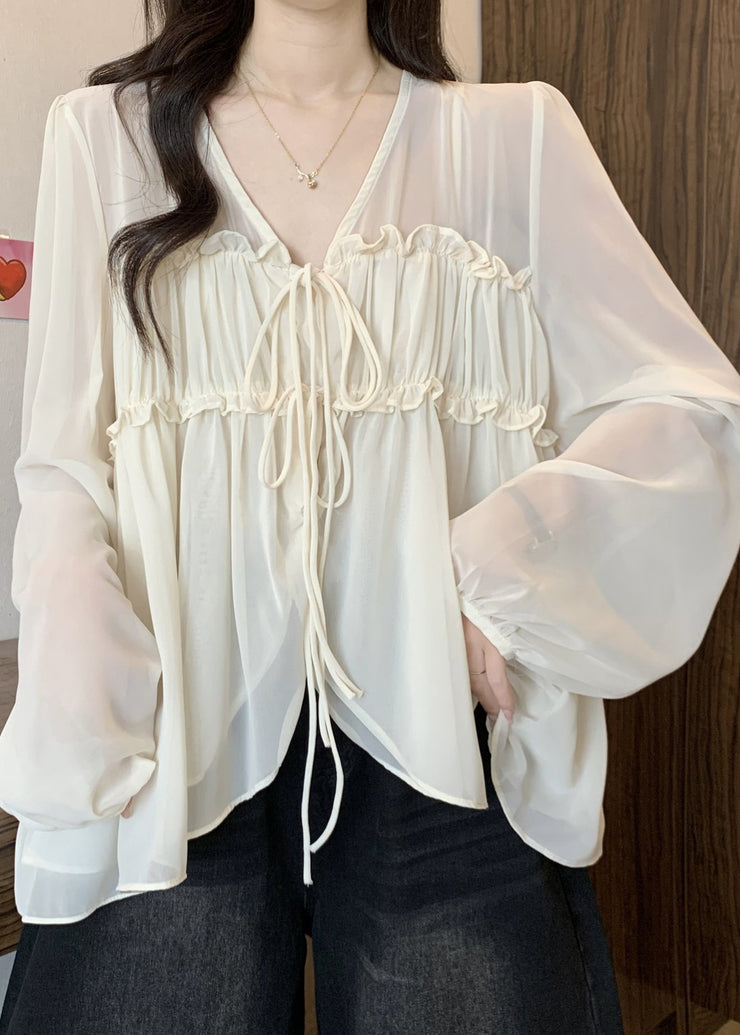 Loose Apricot V Neck Ruffled Chiffon Shirt Fall