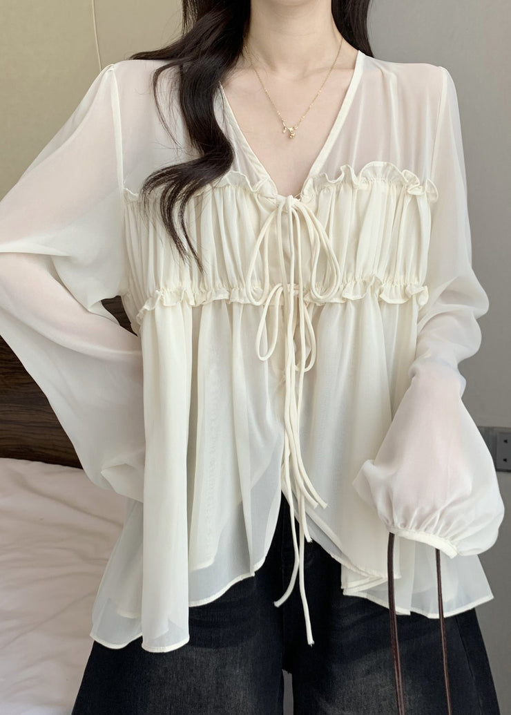 Loose Apricot V Neck Ruffled Chiffon Shirt Fall