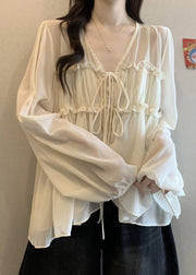 Loose Apricot V Neck Ruffled Chiffon Shirt Fall