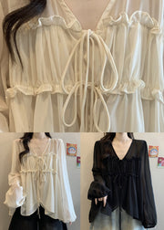 Loose Apricot V Neck Ruffled Chiffon Shirt Fall