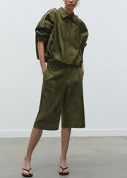 Loose Army Green Peter Pan Collar Pockets Faux Suede Two Piece Set Fall