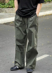 Loose Army Green Pockets Solid Drawstring Cotton Mens Pants Summer