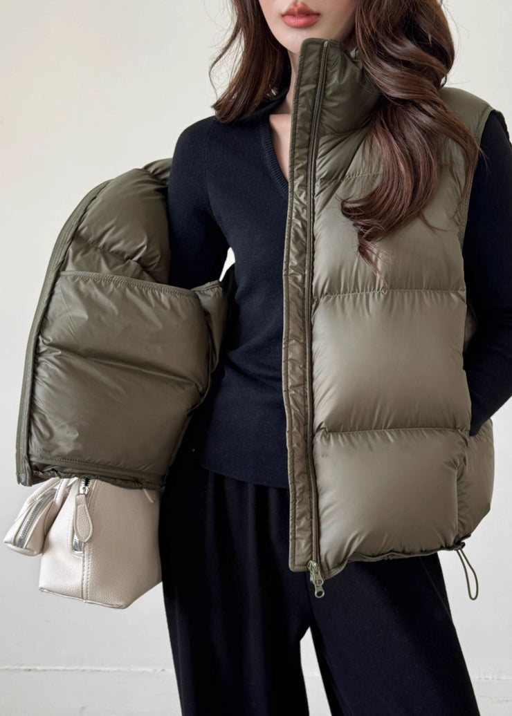 Loose Army Green Zip Up Srawstring Duck Down Waistcoat Winter