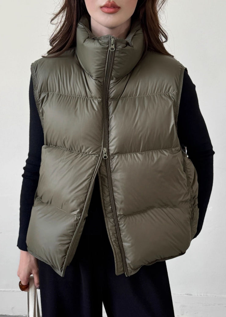 Loose Army Green Zip Up Srawstring Duck Down Waistcoat Winter
