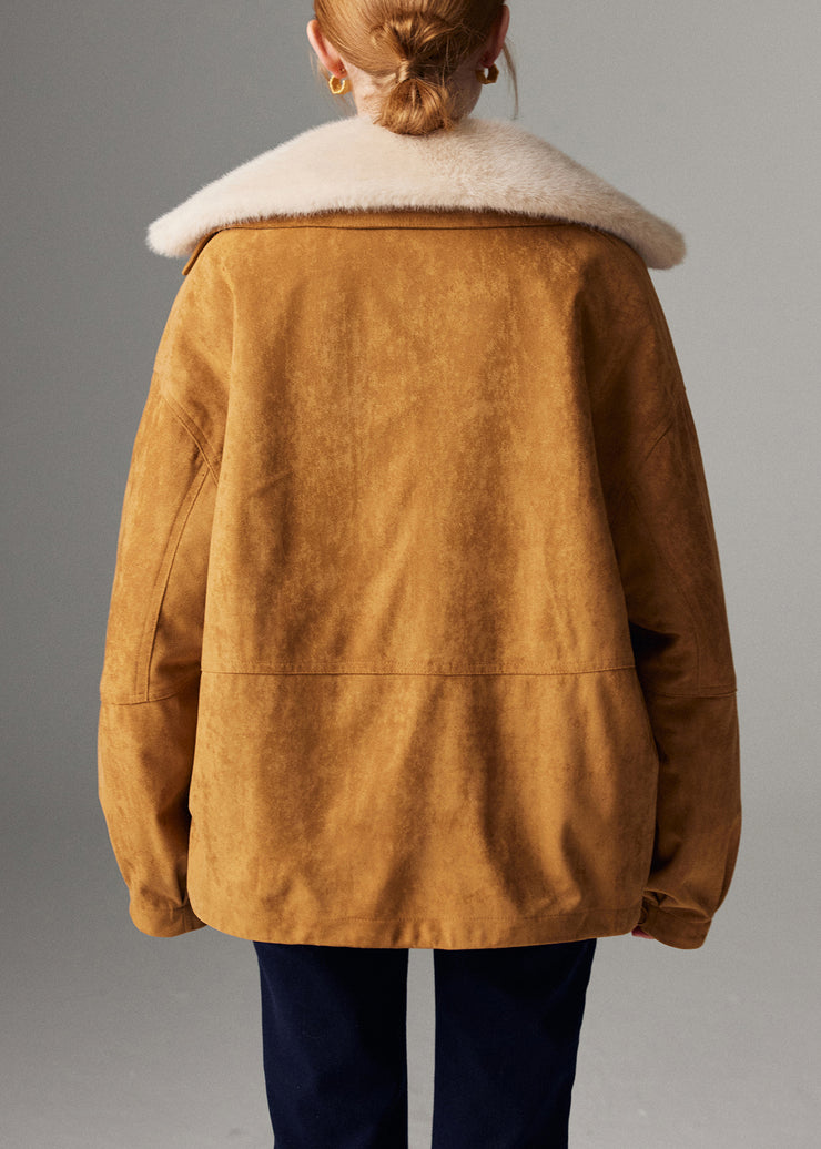 Loose Beige Button Drawstring Detachable Leather And Fur Coats Winter