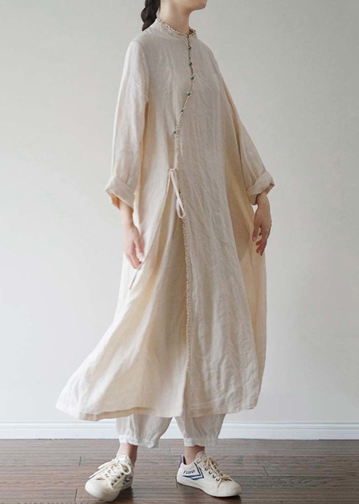 Loose Beige Button Lace Up Cotton Shirt Dresses Spring