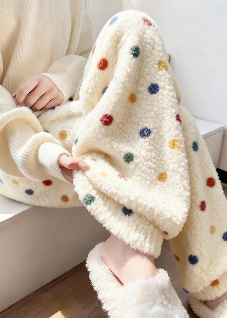 Loose Beige Colorful Dots Elastic Waist Fluffy Pants Winter