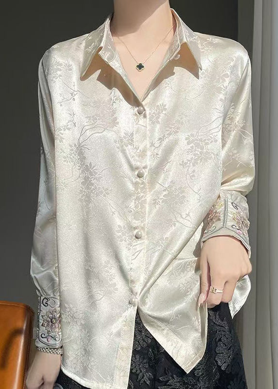Loose Beige Embroidered Button Silk Shirt Fall