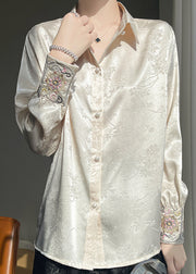Loose Beige Embroidered Button Silk Shirt Fall