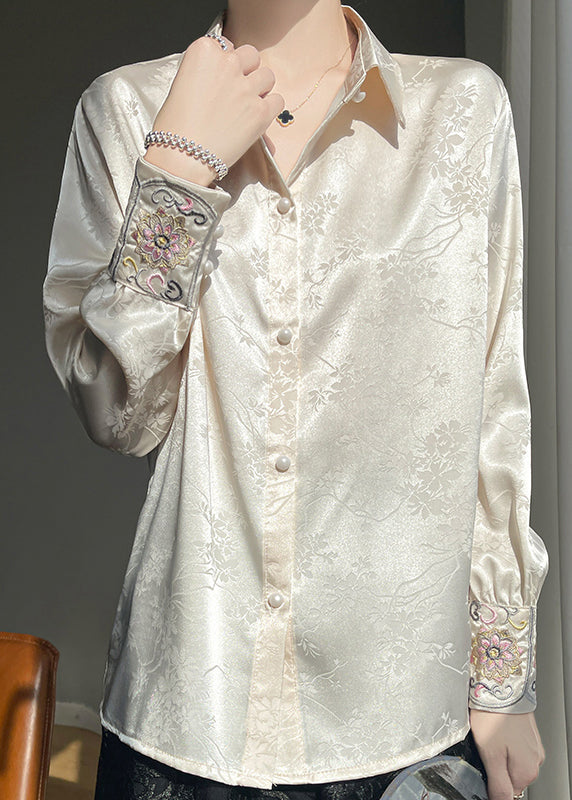 Loose Beige Embroidered Button Silk Shirt Fall