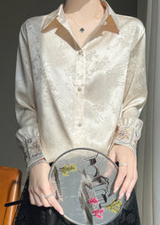 Loose Beige Embroidered Button Silk Shirt Fall