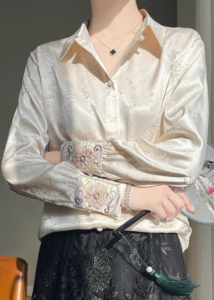 Loose Beige Embroidered Button Silk Shirt Fall