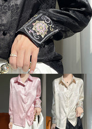 Loose Beige Embroidered Button Silk Shirt Fall