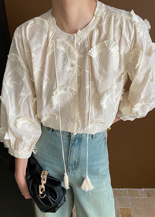 Loose Beige Embroidered Tasseled Lace Up Cotton Blouses Bracelet Sleeve