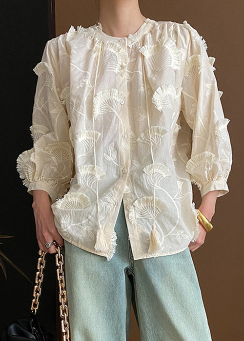 Loose Beige Embroidered Tasseled Lace Up Cotton Blouses Bracelet Sleeve