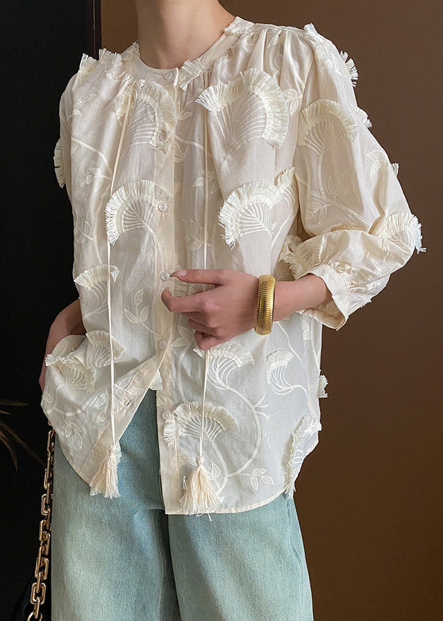 Loose Beige Embroidered Tasseled Lace Up Cotton Blouses Bracelet Sleeve